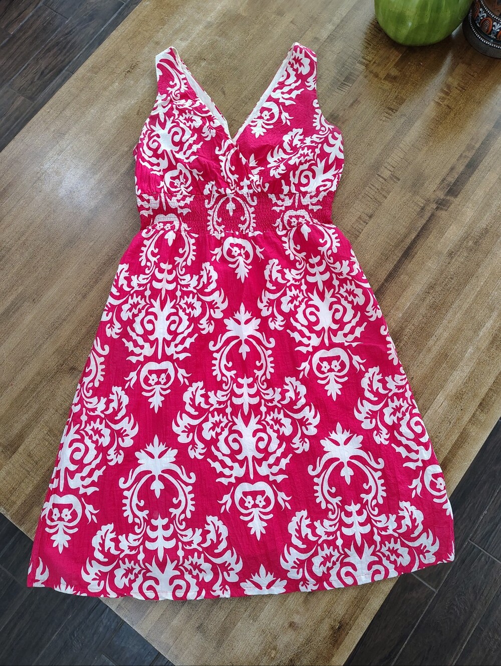 Merona Pinkish Red & White Damask Sleeveless Dress Elastic Waist Band Size XS